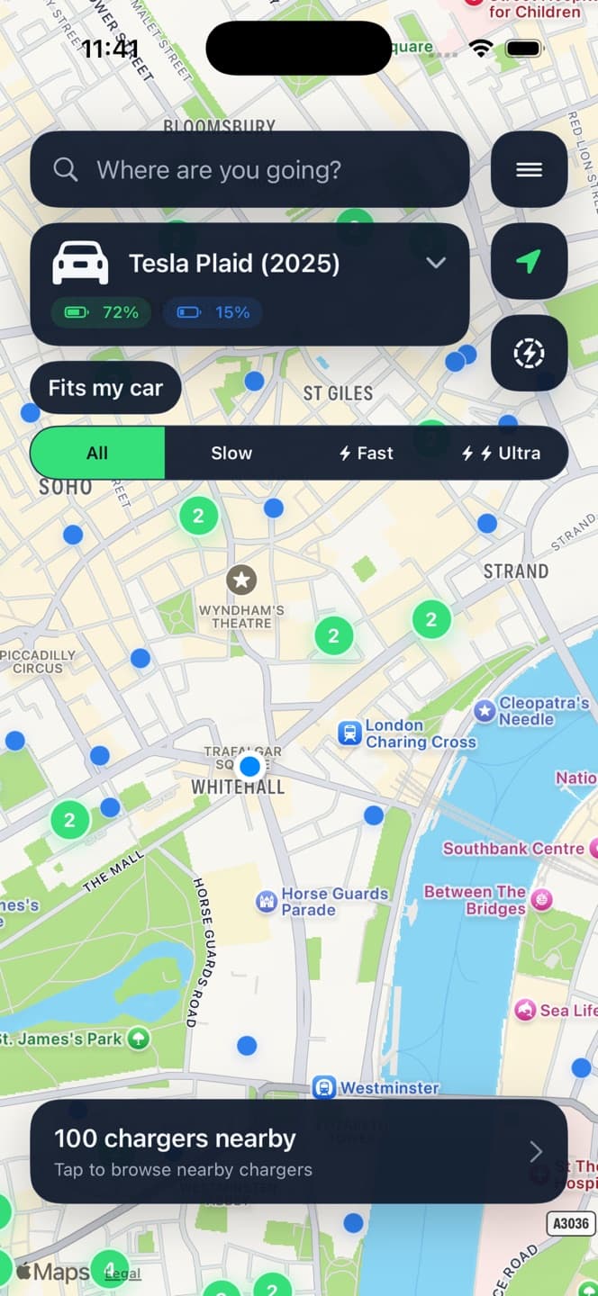 RouteCharge map showing nearby chargers in London with the Fits my car filter and speed segments