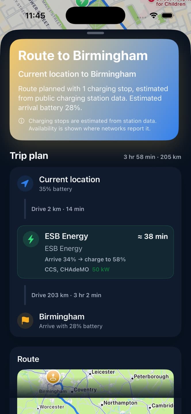 RouteCharge route to Birmingham with one charging stop, arrival battery, and drive times