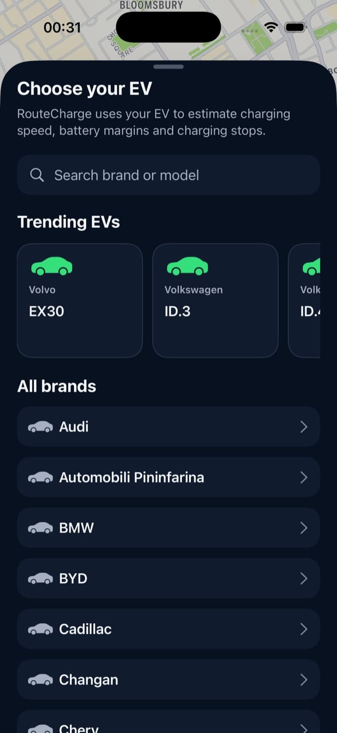 RouteCharge vehicle selection screen showing electric vehicle models