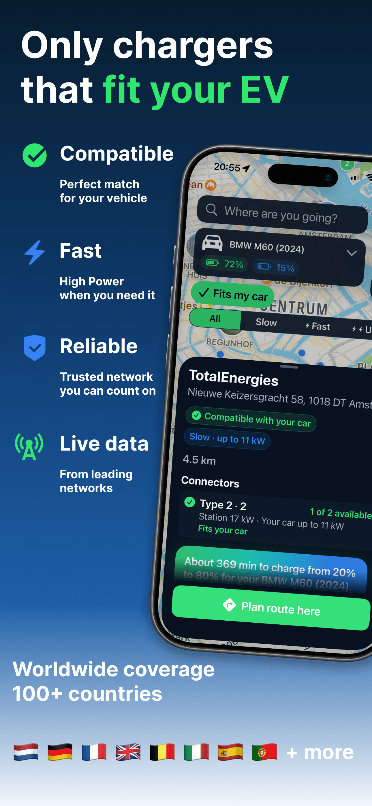 RouteCharge map with the Fits my car filter, All/Slow/Fast/Ultra speed segments, and a station's connector details