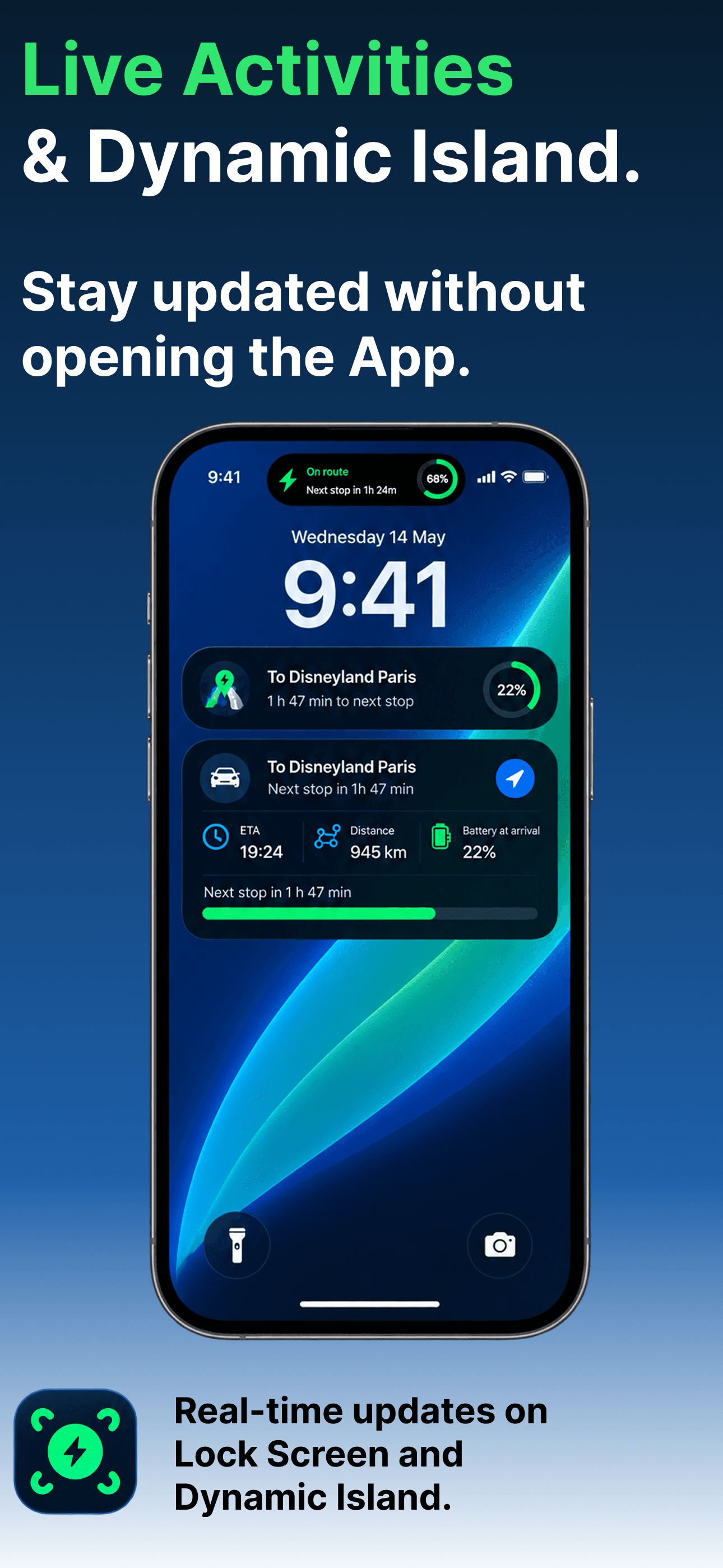 A RouteCharge Live Activity and Dynamic Island showing trip progress on the iPhone Lock Screen