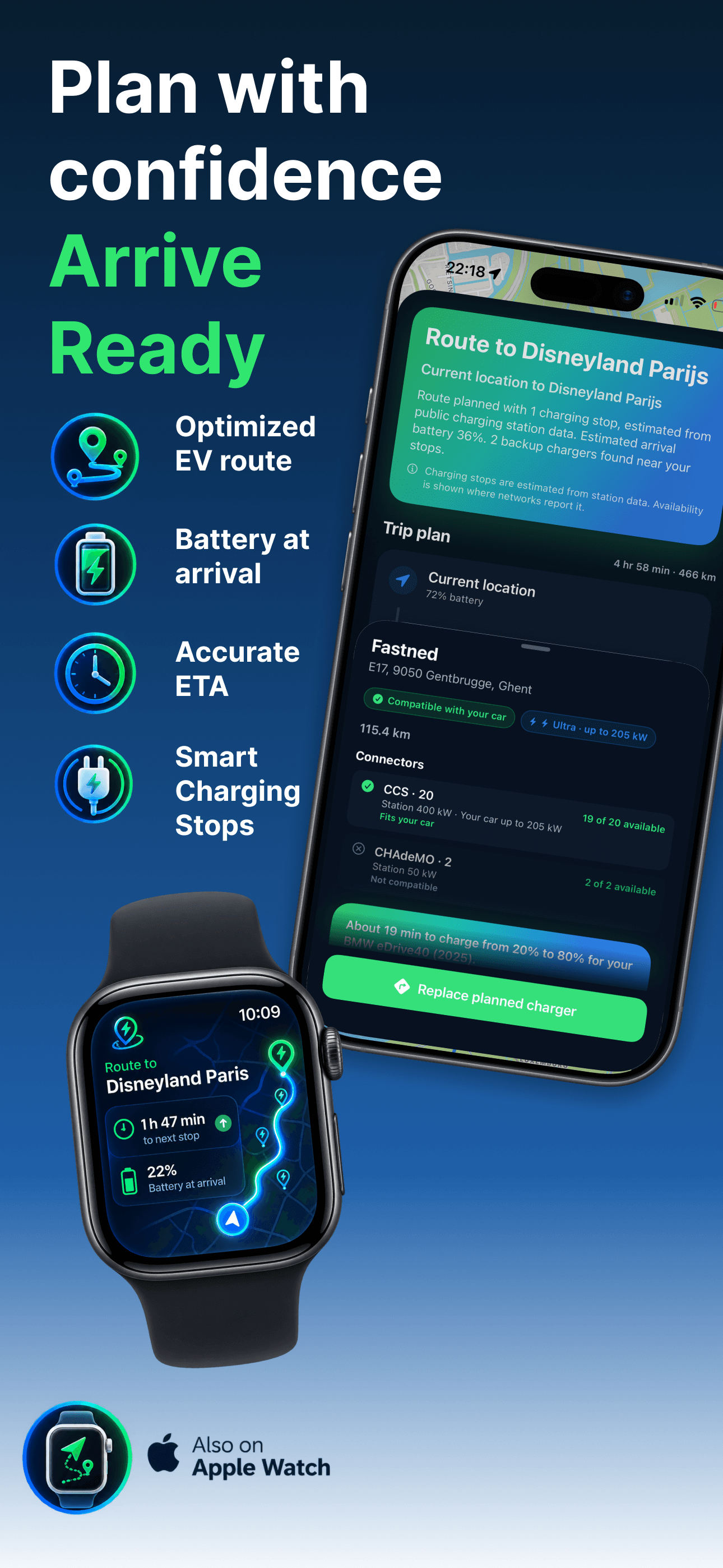 RouteCharge route to Maastricht with one charging stop, arrival battery, and backup chargers
