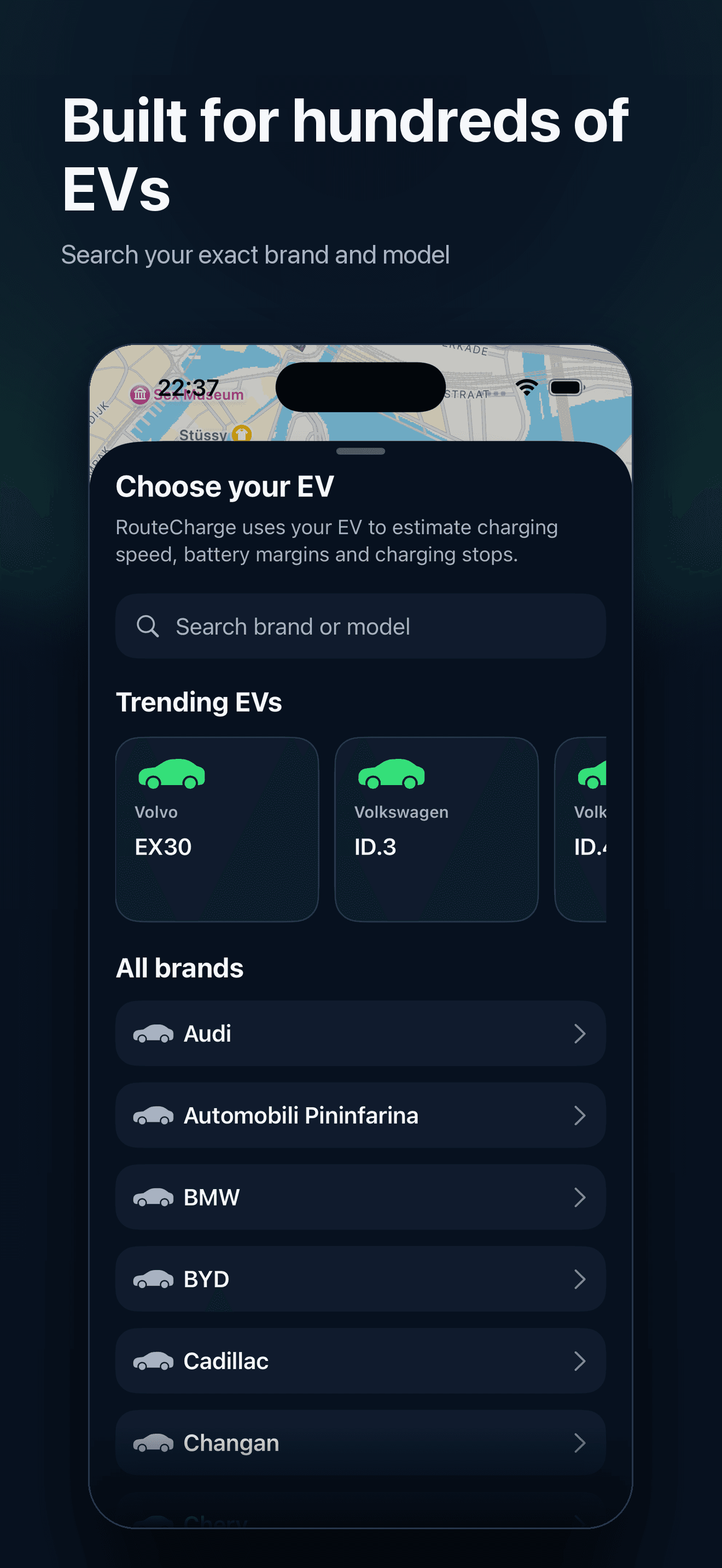 RouteCharge vehicle picker with search and hundreds of EV brands and models
